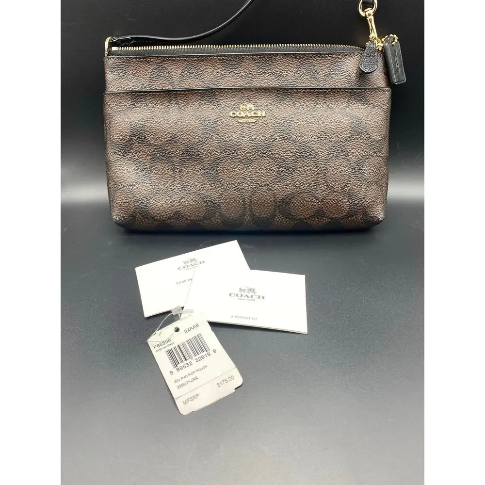 New Coach Signature PVC Pop Pouch Brown and Black Shoulder / Wristlet Bag F65806